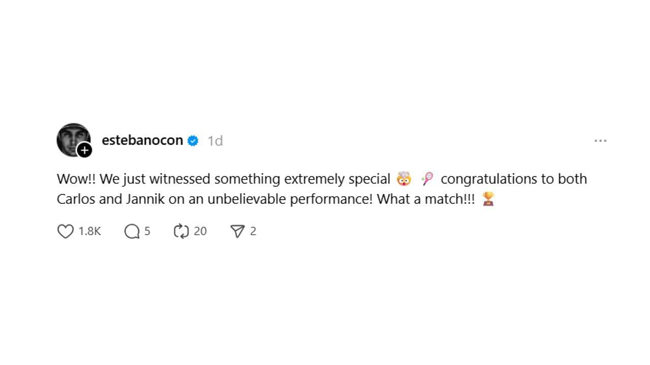 Snapshot of Esteban Ocon's comments on the Sinner-Alcaraz match. Credits-Threads/@estebanocon